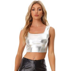 U Neck Sleeveless Party Clubwear Holographic Shiny Metallic Crop Top Silver
